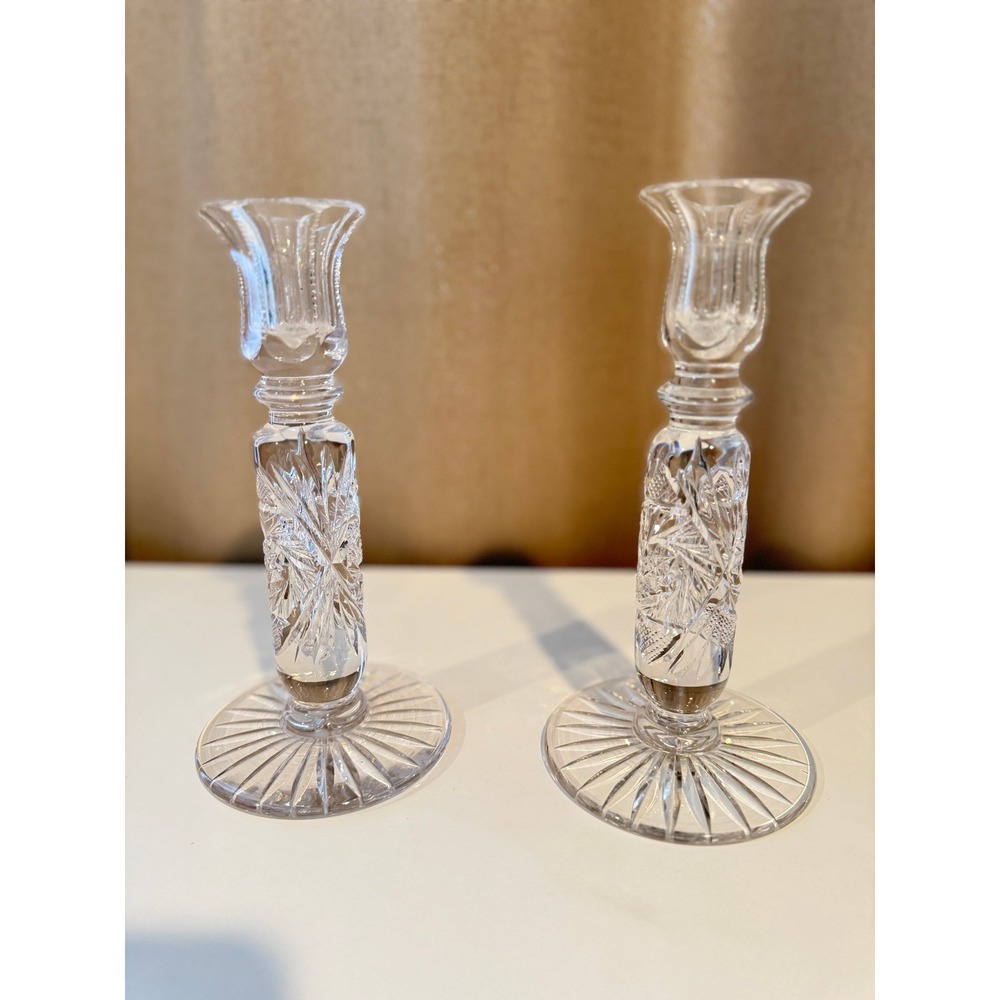 Vintage Cut Crystal Glass Candlestick Pair Starburst Sunburst Clear 9 Inch
